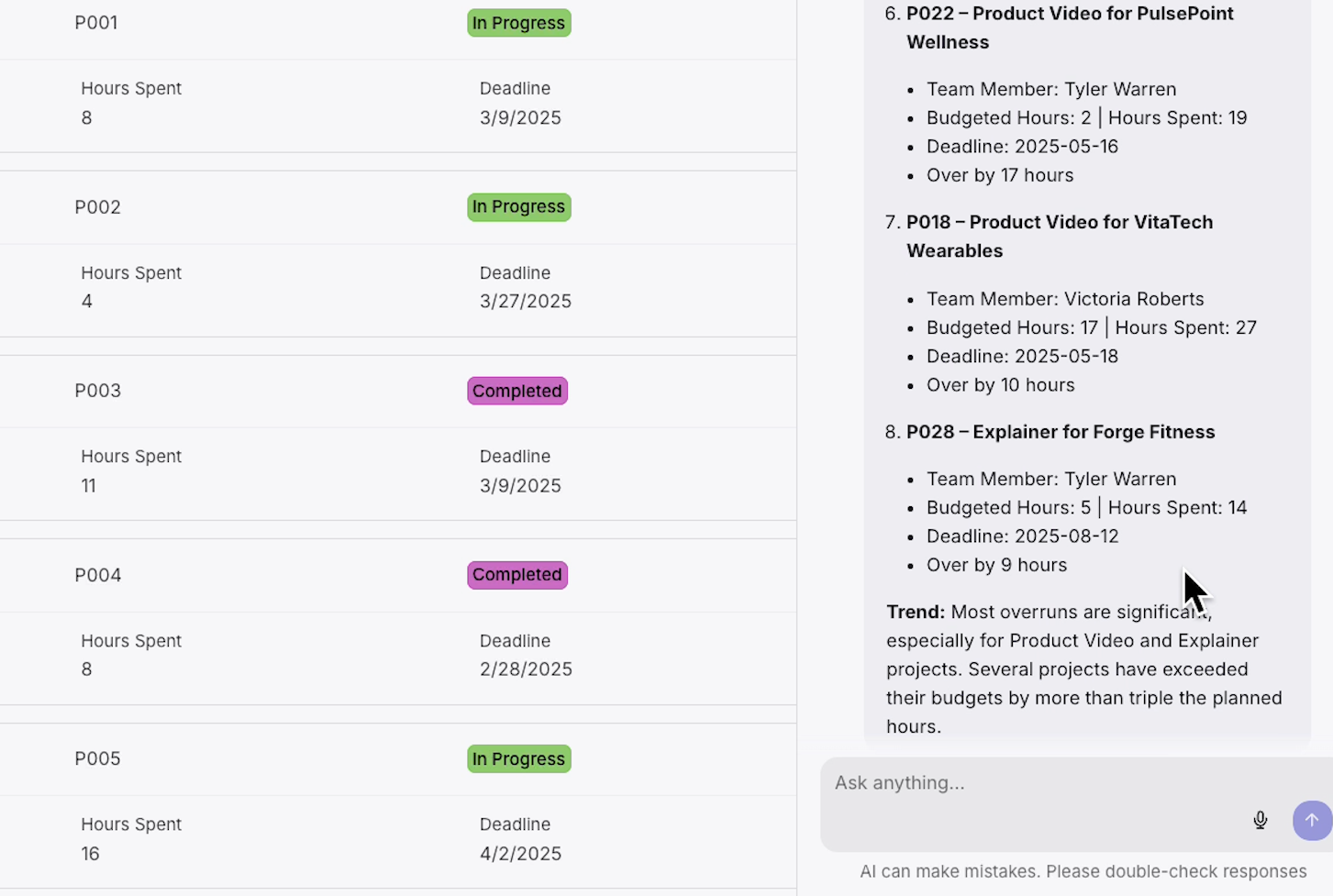 Softr AI provides trend analysis for a project and task management database