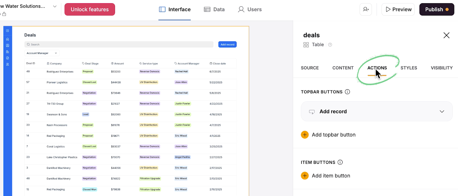Clicking on the "Actions" tab on a softr database