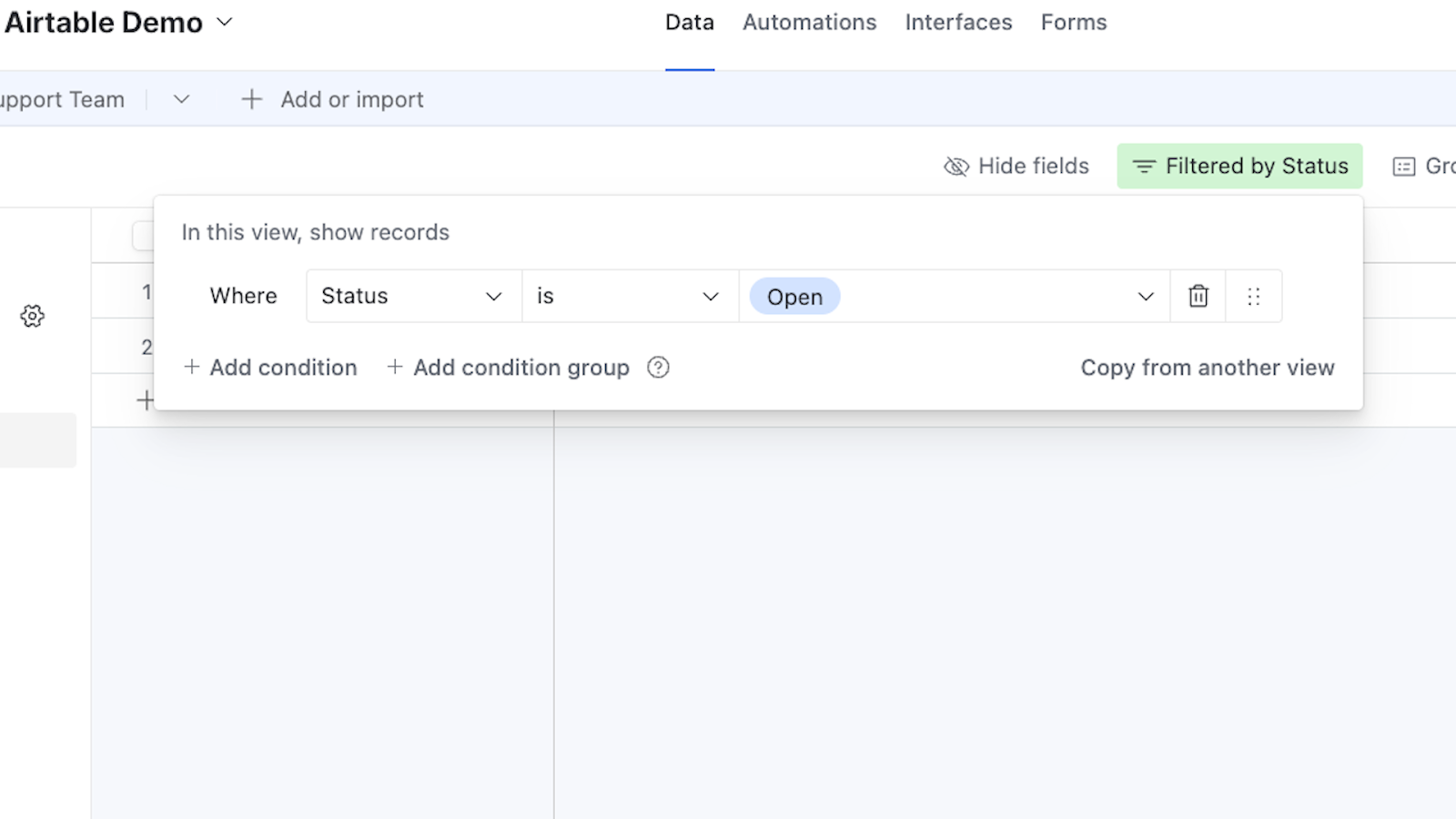 A filter in Airtable to display on records with a Status of "Open"