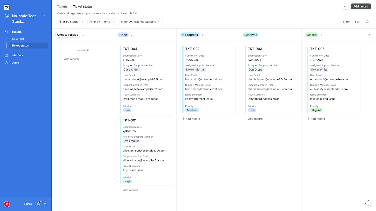 An interface in Airtable with a kanban board