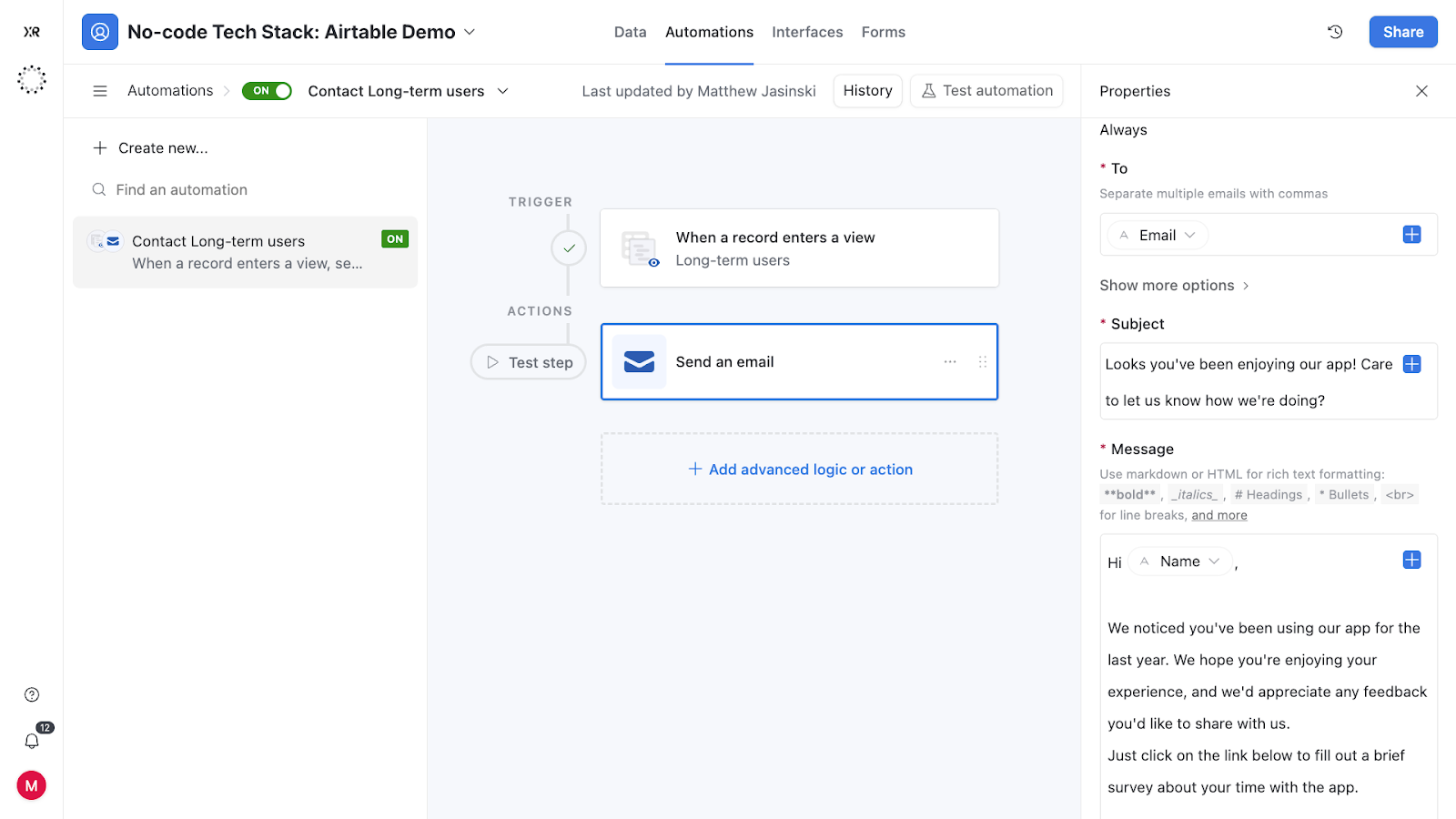 An Airtable automation triggered by a new record entering a view
