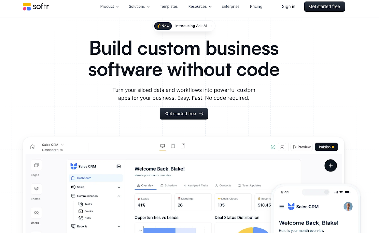 Softr's website - "Build Custom Business Software Without Code"