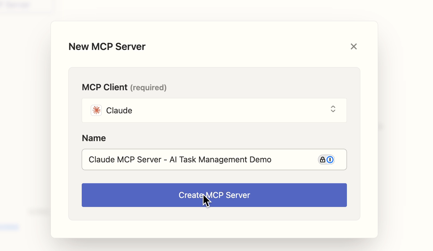 Selecting a client and naming a new Zapier MCP server