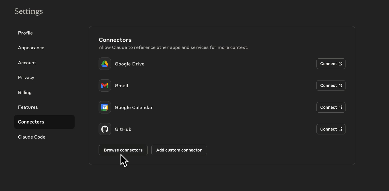 Click "Browse connectors" in Claude