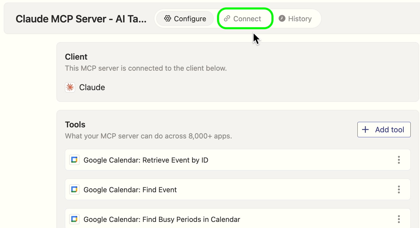 Navigating to the "Connect" tab to link Zapier MCP with Claude