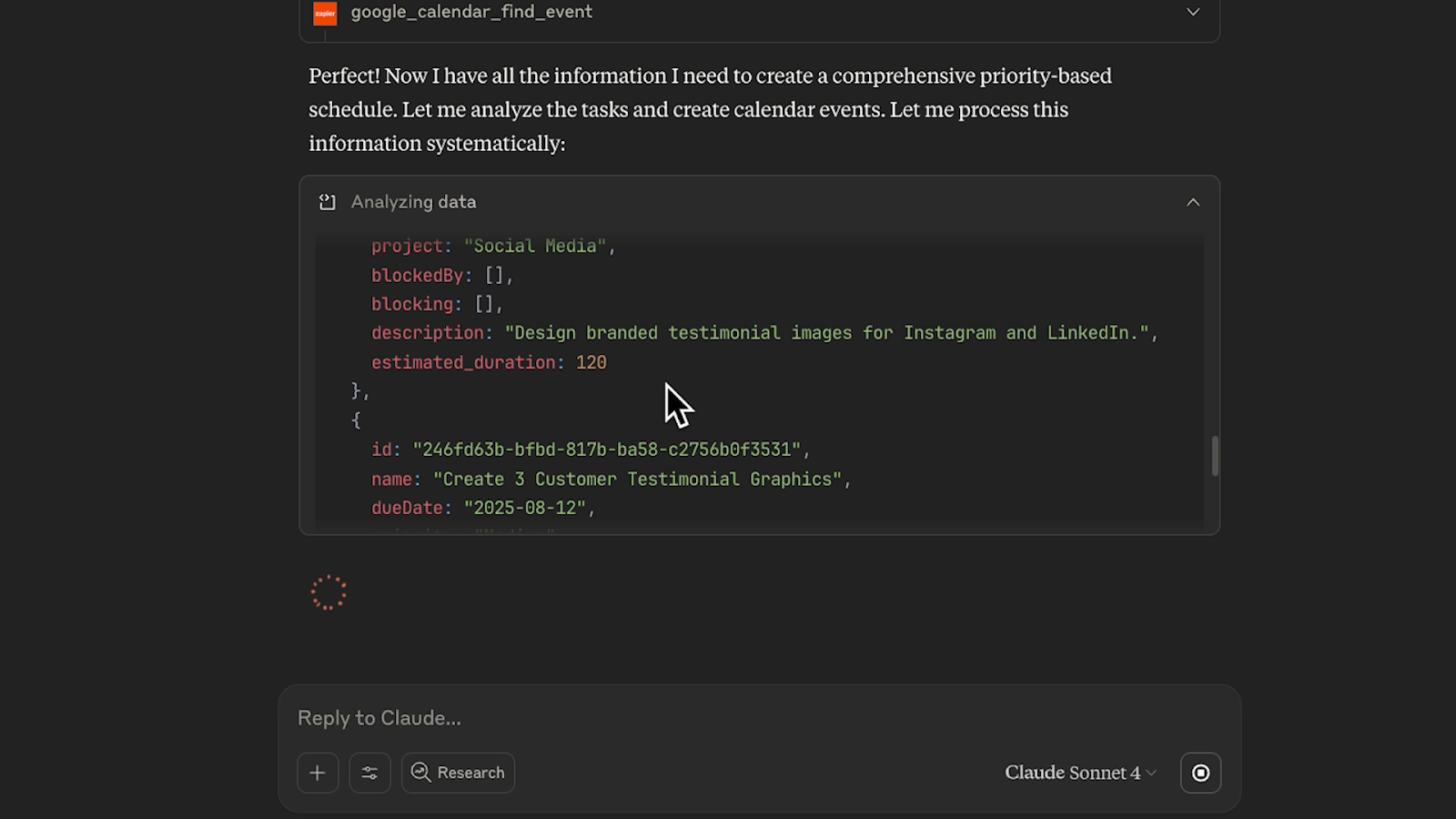 Claude processing the prompt and writing custom code