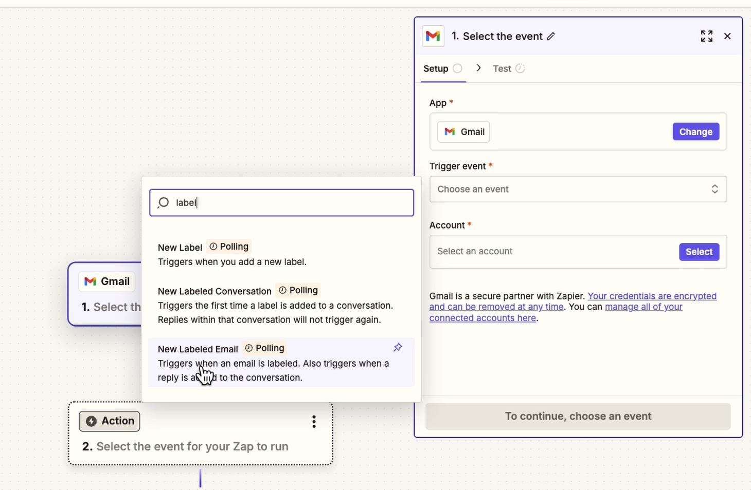 Add a Gmail trigger with "New labeled email" as the event