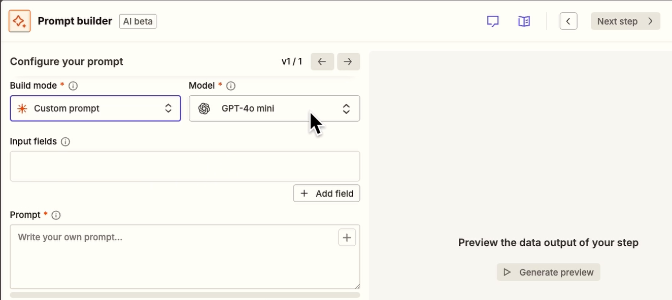 Choose "Custom prompt" as the Build Mode and a free model like GPT-4o mini as the Model