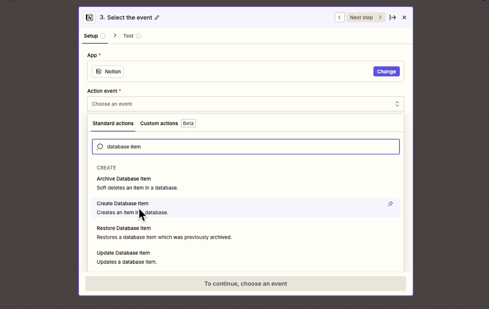 Add a Notion action with "Create database item" as the event