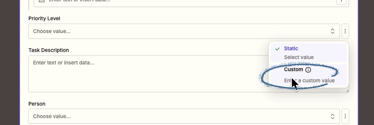 Some fields may be set to static. Convert them to "Custom" to map dynamic data.