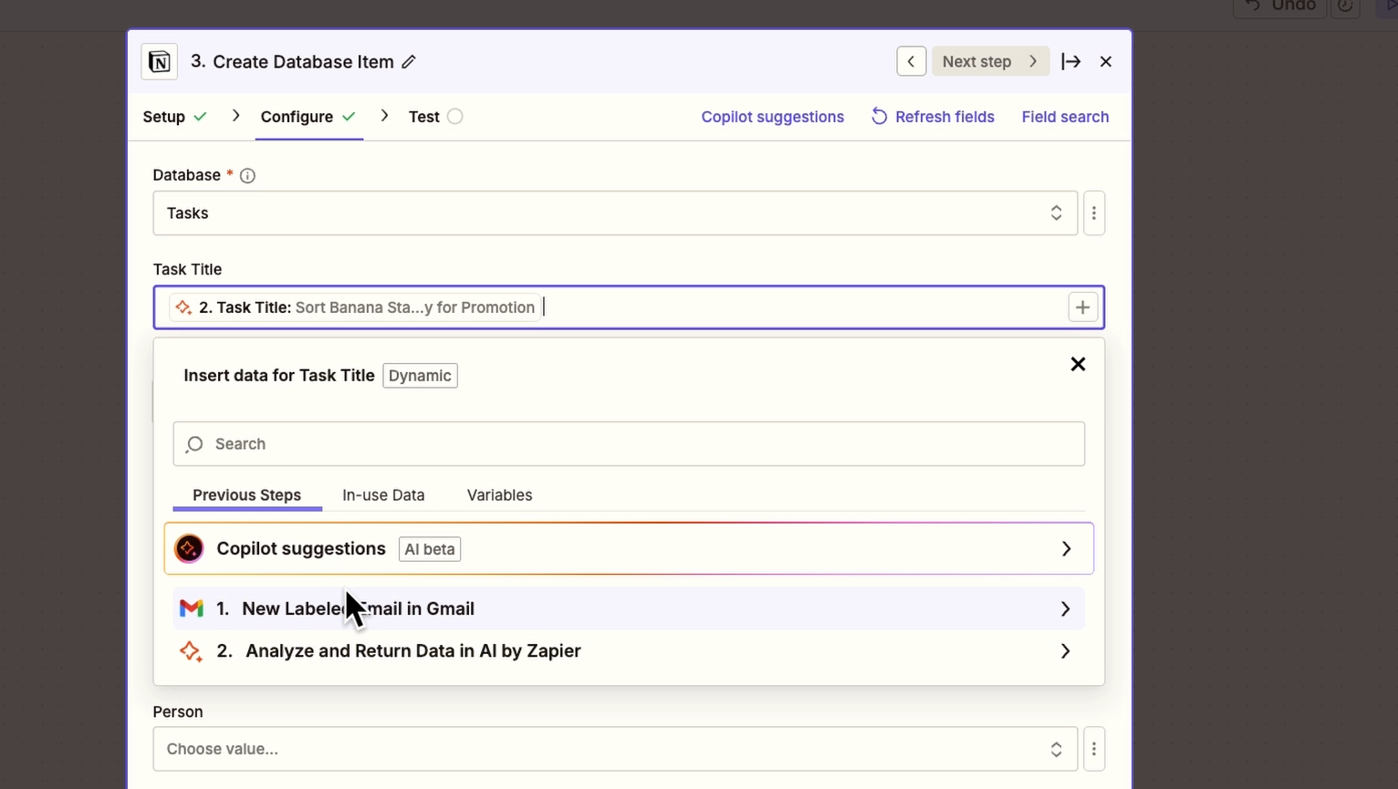 Map the AI's outputs to each appropriate field in your Notion database