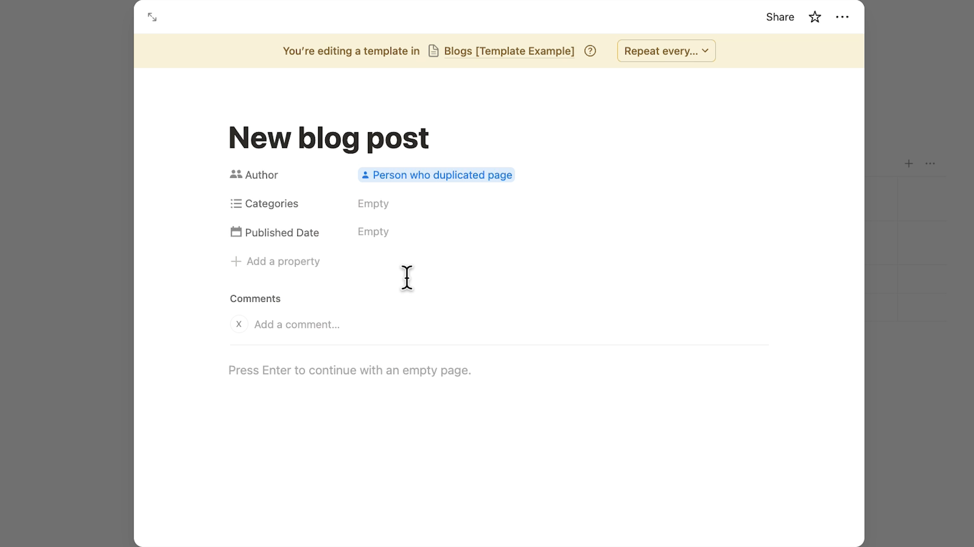 A database template with a preconfigured title and properties