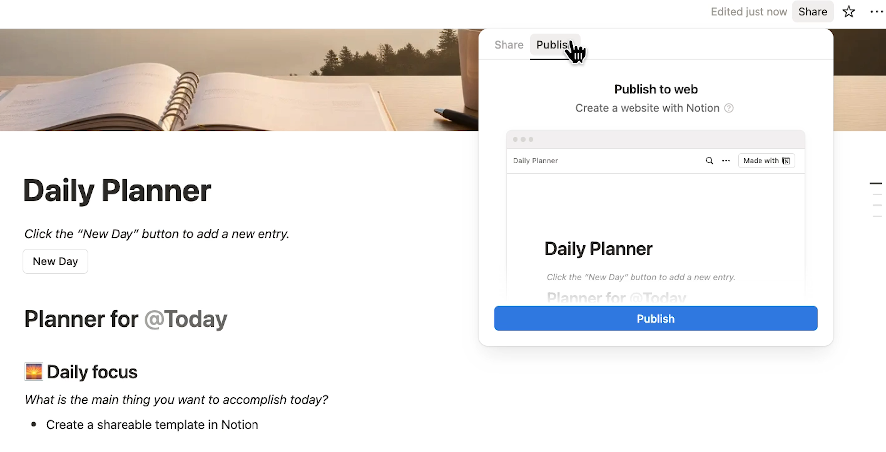 Publishing a Notion page using the "Share" menu