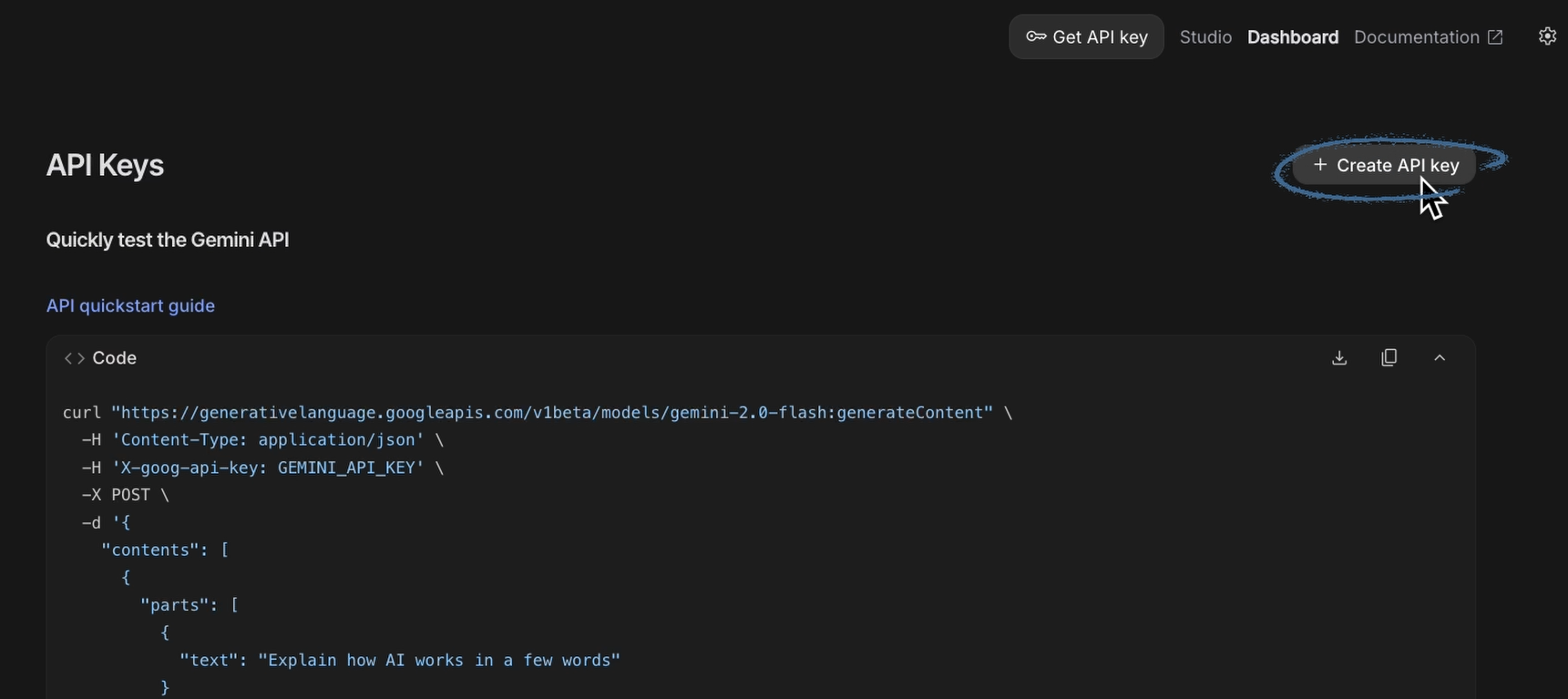 Click "Create API key" in the top right corner to create a new API key