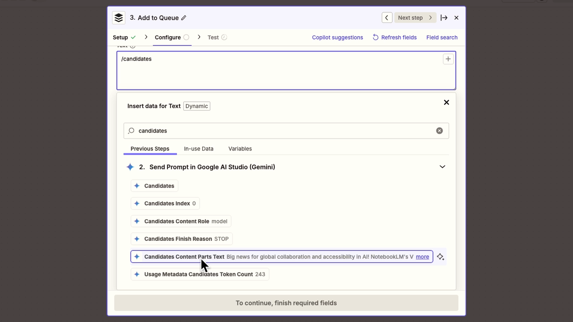 Adding the Gemini response to another app with the "Candidates Content Parts Text" variable