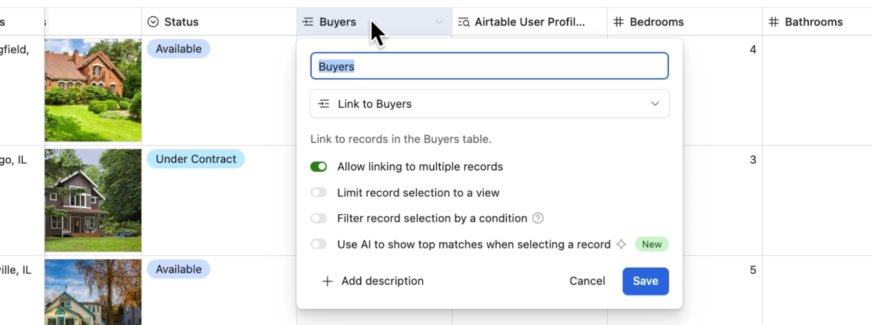 A linked record connecting a "buyers" table to a "properties" table