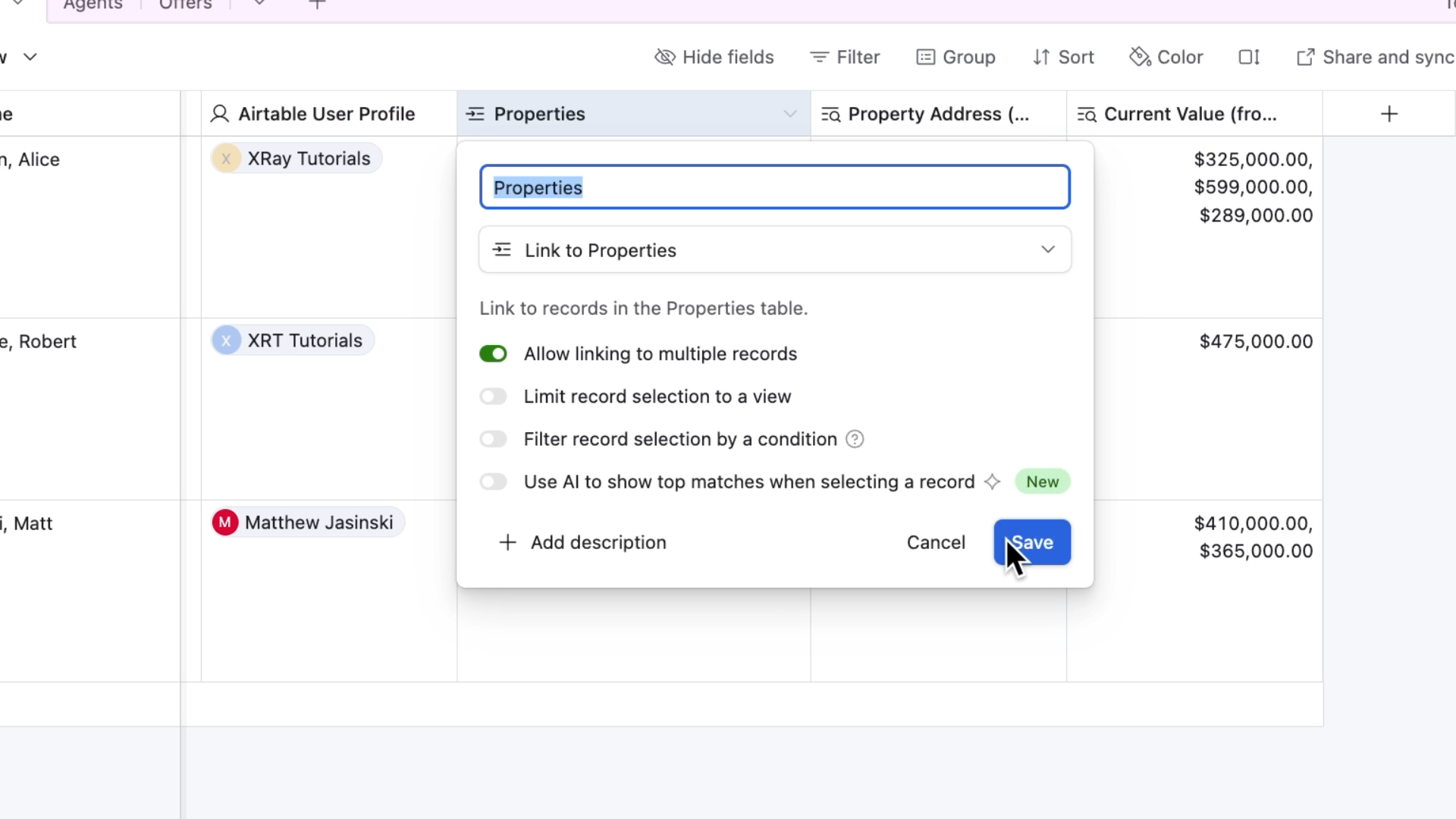 Linking to the "Properties" table from the "Buyers" table with a linked record field
