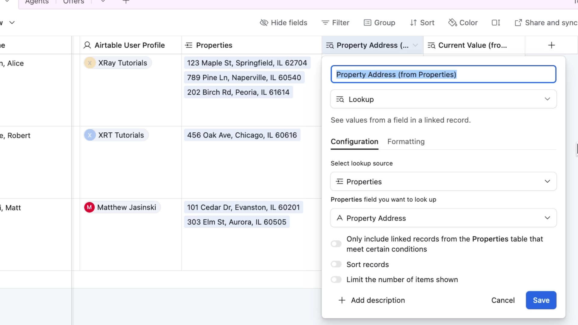 Configuring a lookup field in Airtable