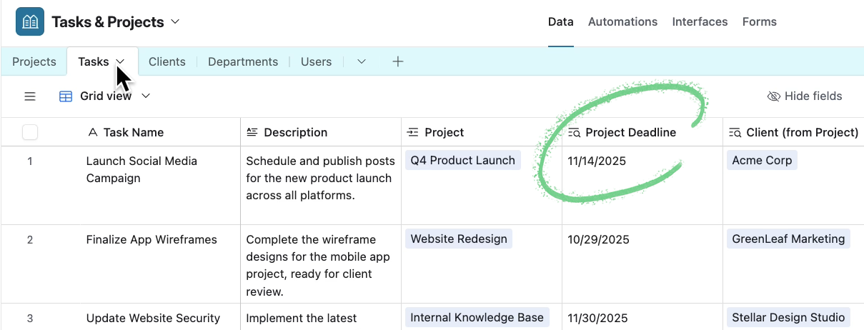 Using a lookup field in a task table to reference the due date of a linked project