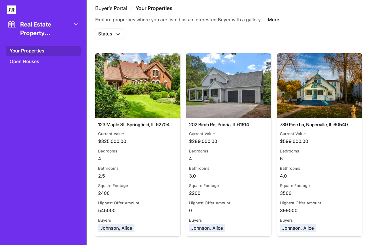 An interface with a gallery display used as a Real Estate Buyer's portal