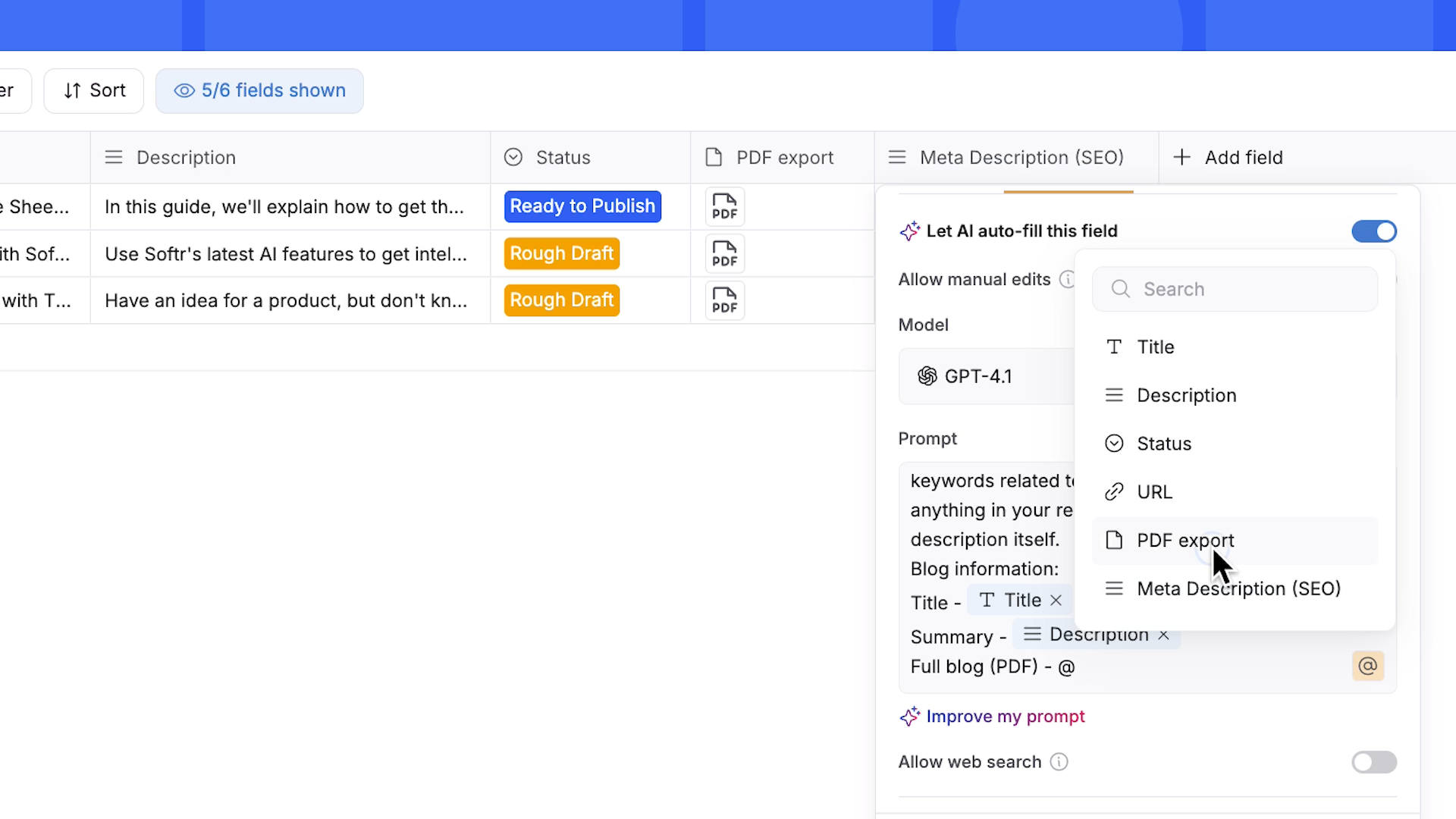 Using "@" to reference database fields in an AI agent prompt