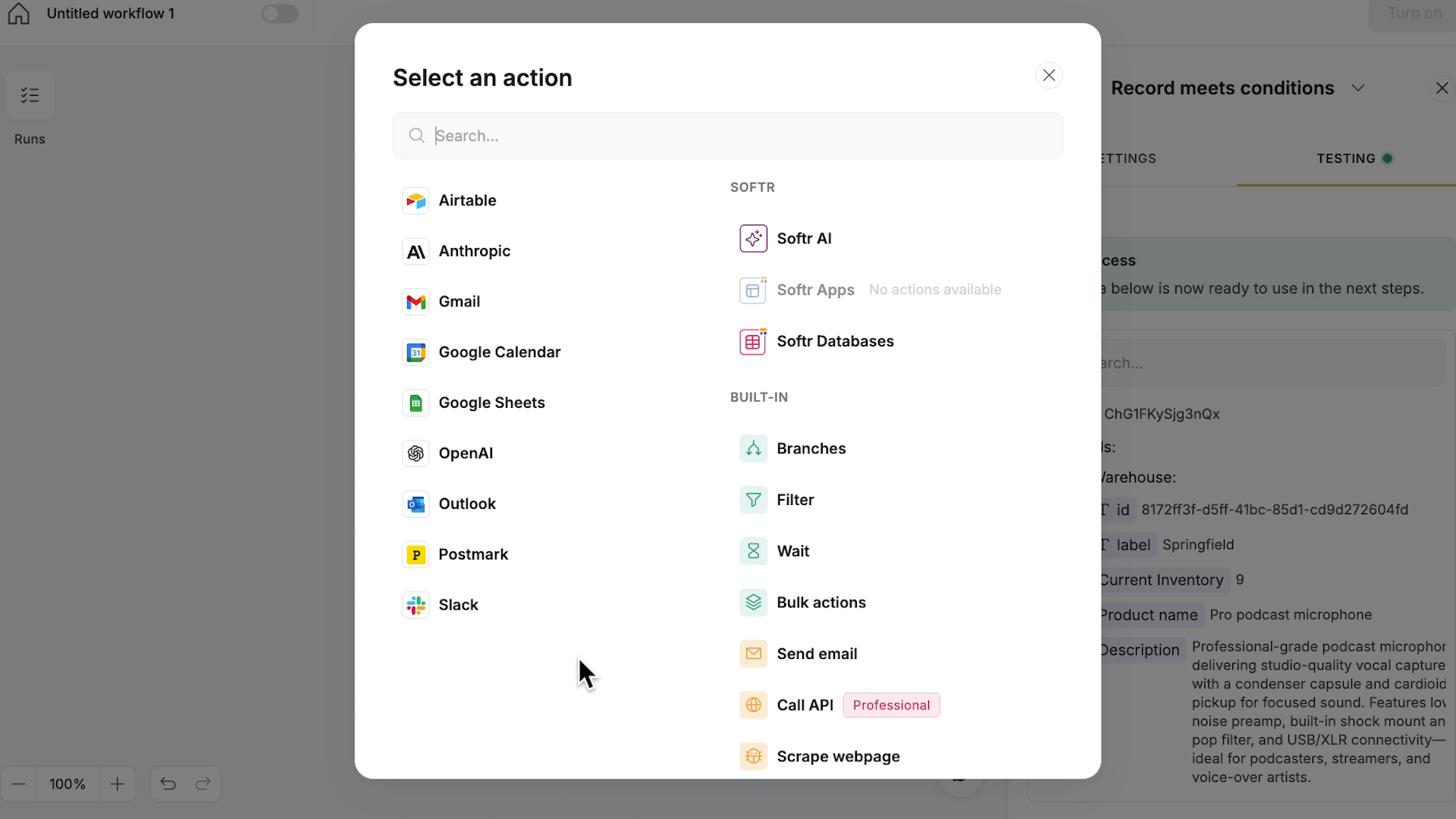 The apps currently supported in Softr workflows: Airtable, Anthropic, Gmail, Google Calendar, Google Sheets, OpenAI, Outlook, Postmark, and Slack.