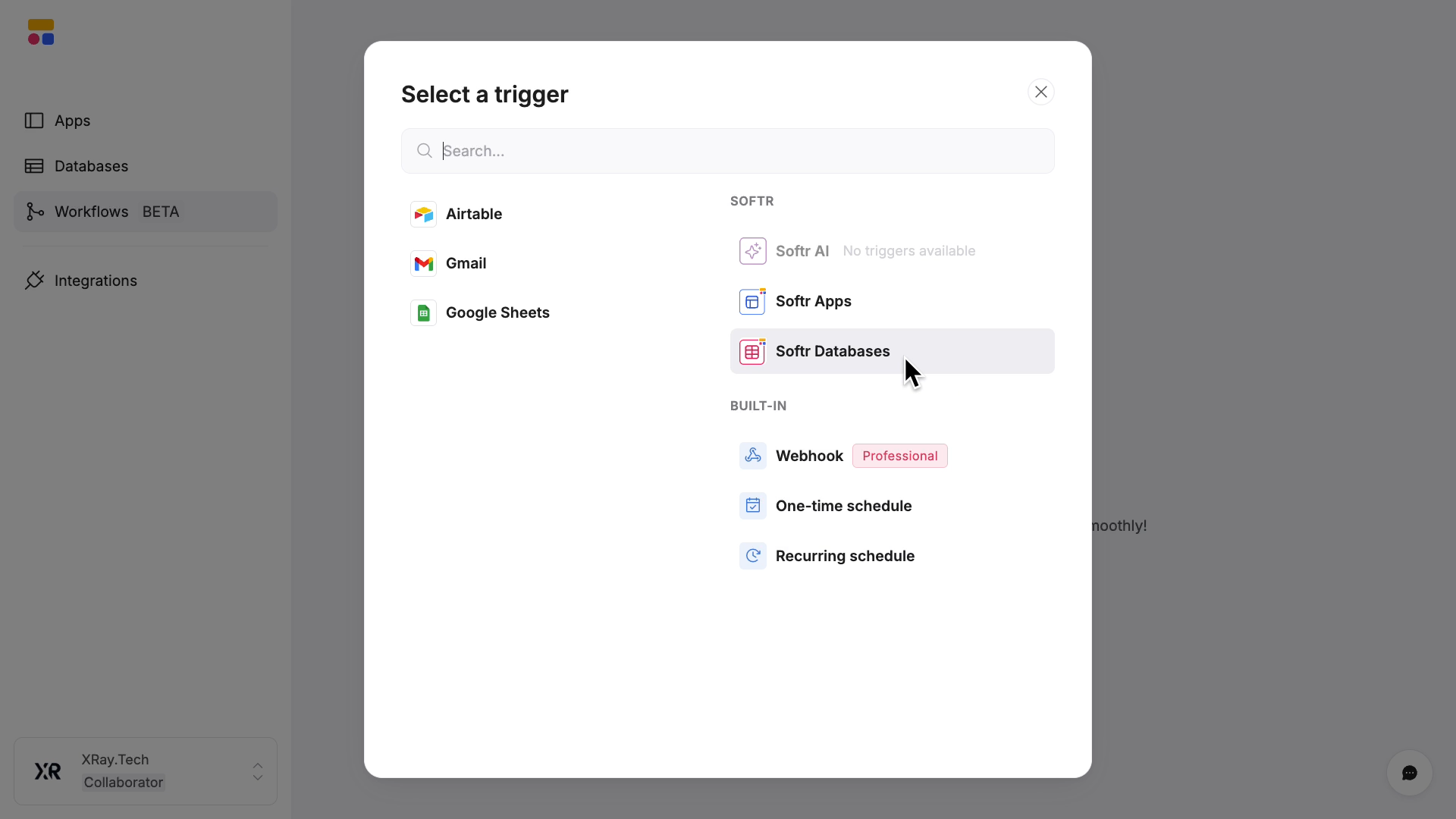 Choosing "Softr databases" as the trigger app for a workflow