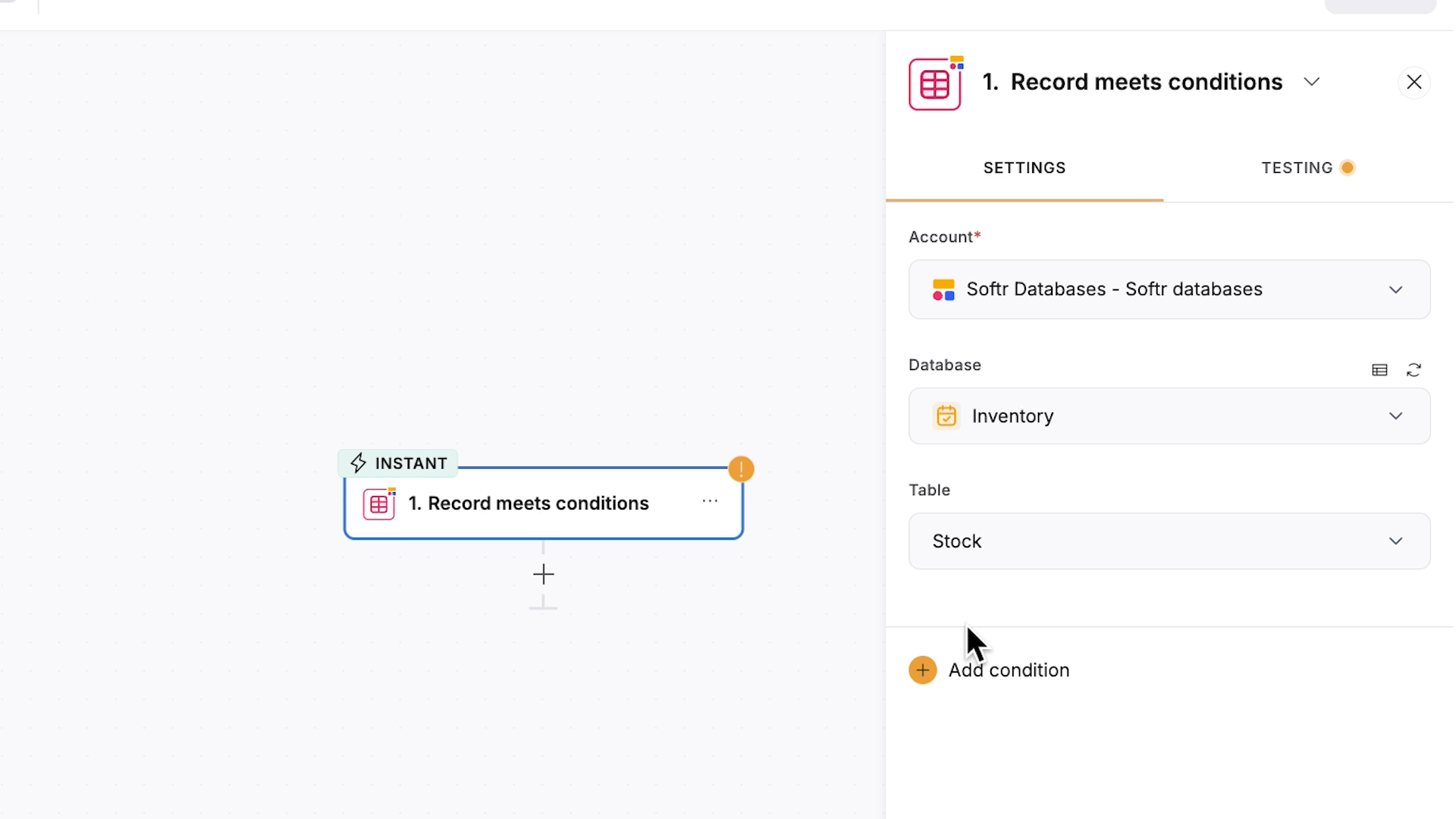 A "record meets conditions" trigger configured with an account, database, and table