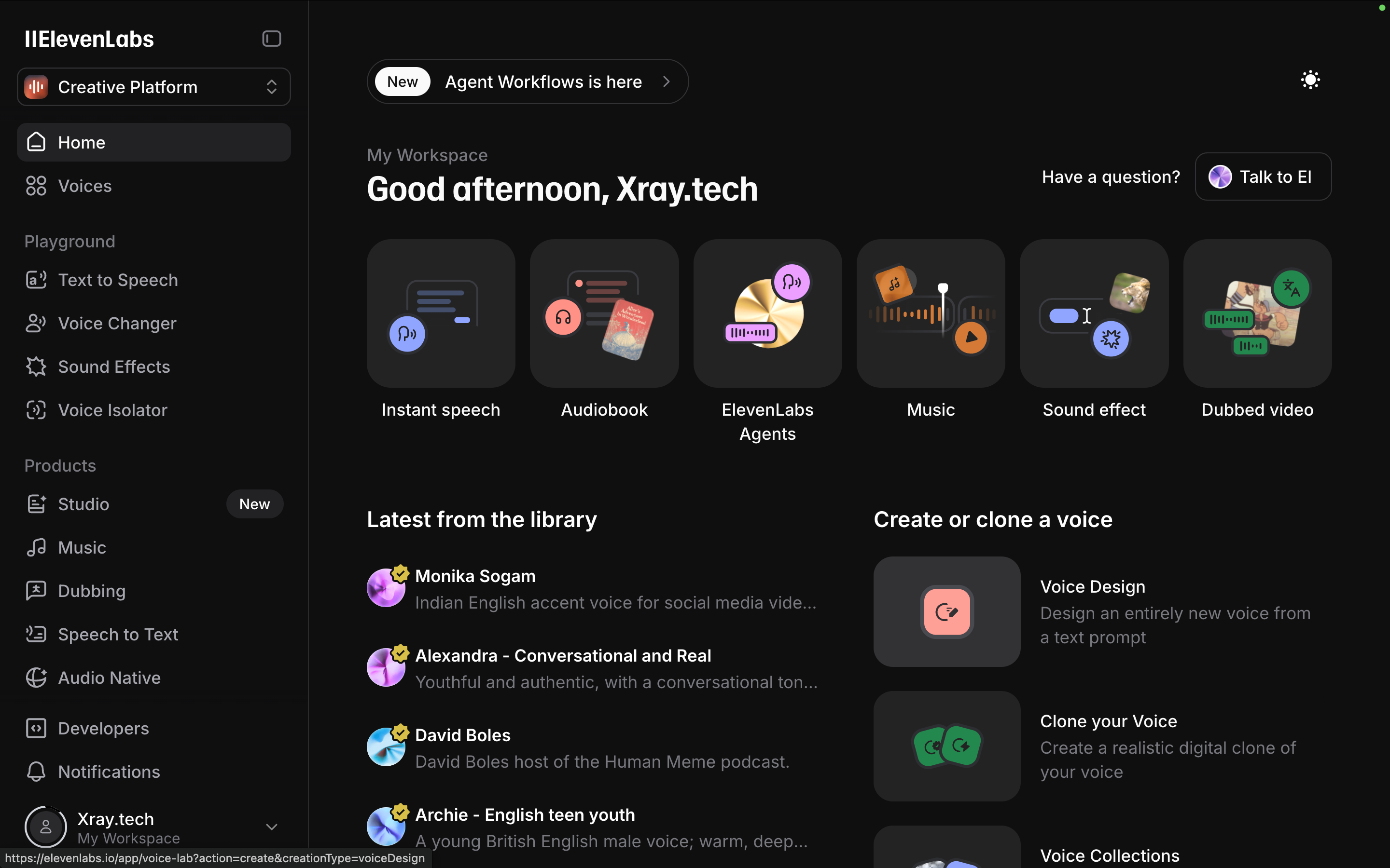 Several AI voice features on the ElevenLabs dashboard