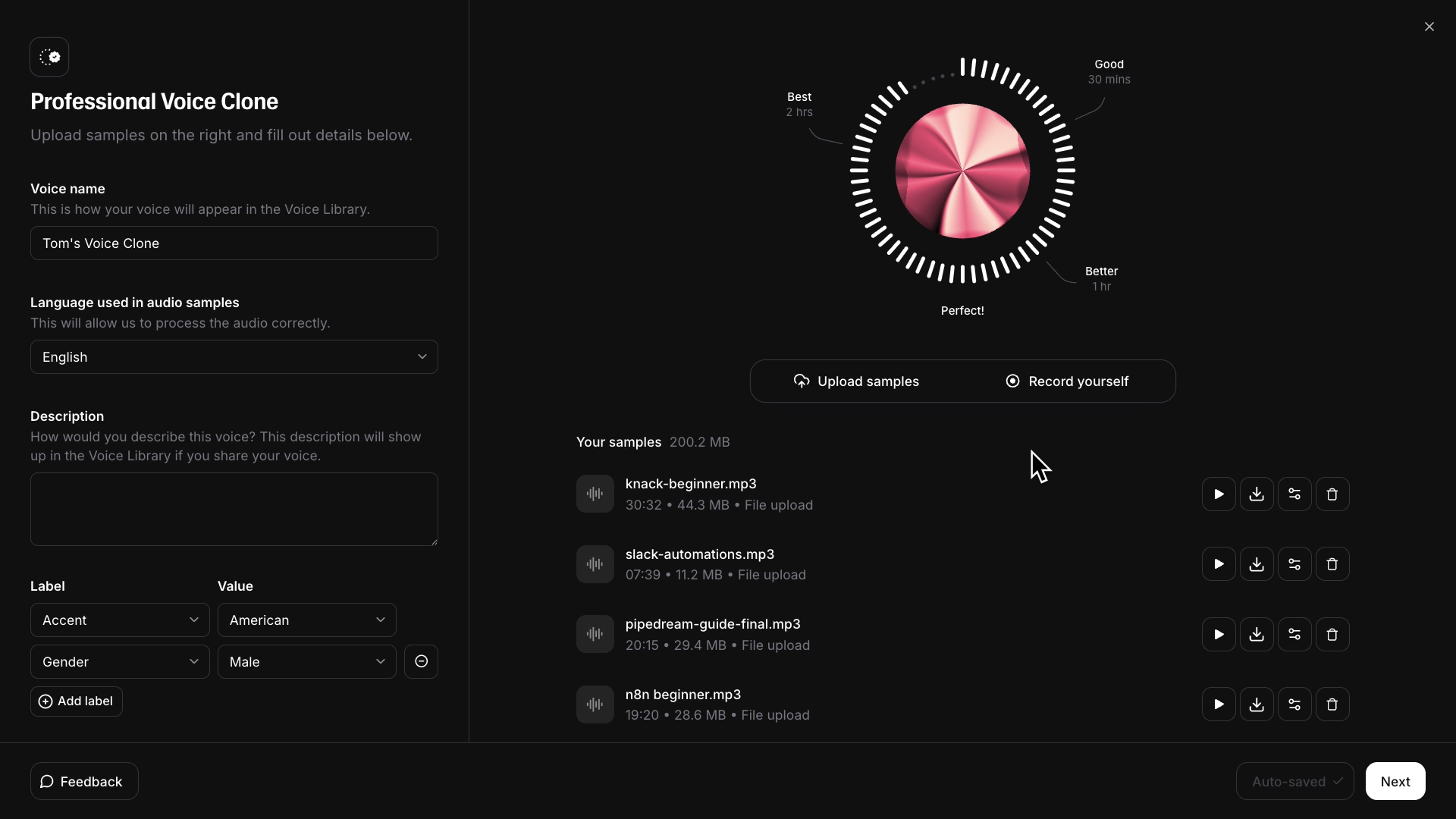 Uploading audio samples to create a voice clone.