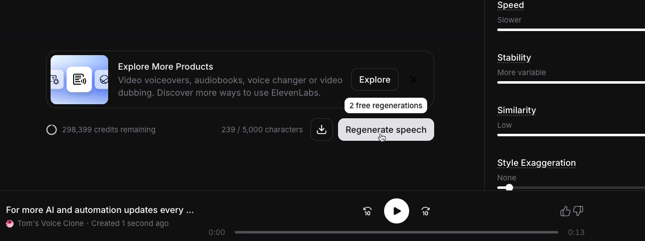 Each text-to-speech use includes two free regenerations