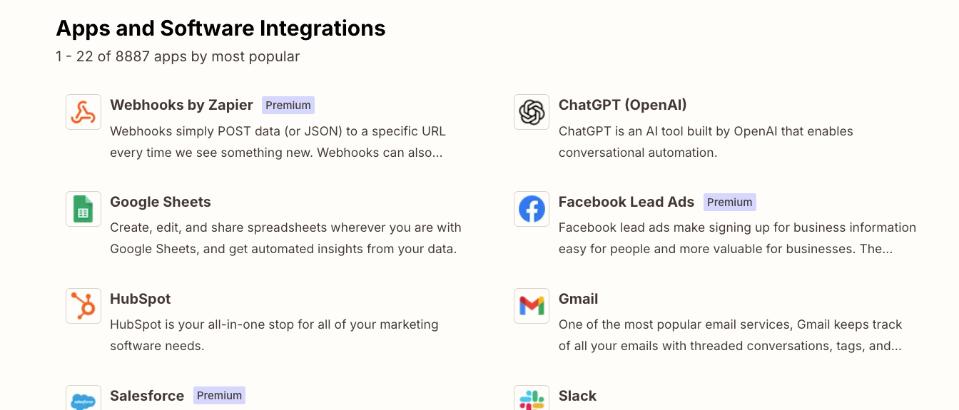 Integrations in Zapier
