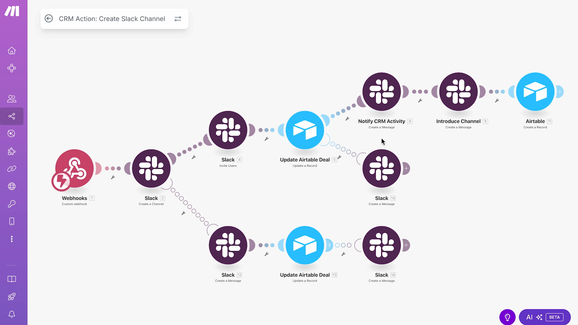 An automation with branching paths in Make