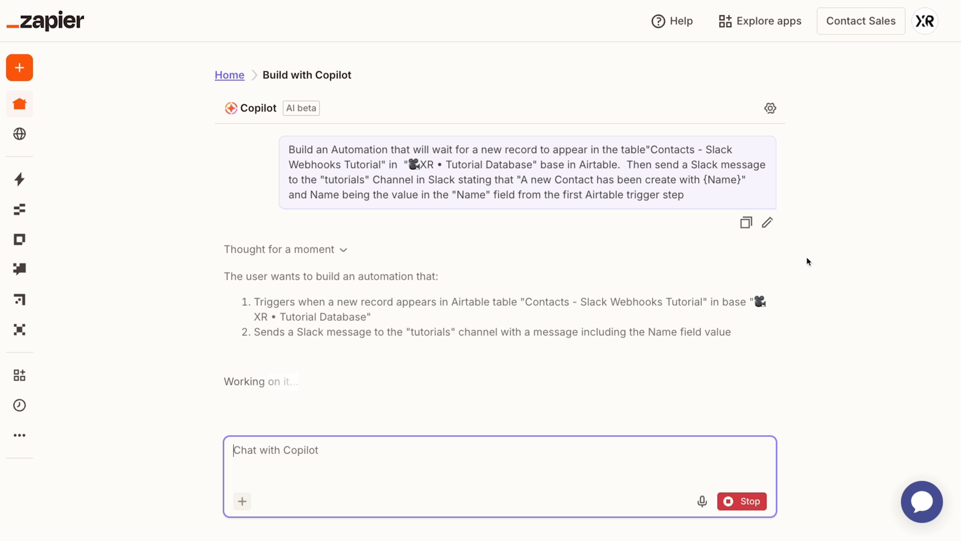 Using Zapier's AI copilot to build a Zap