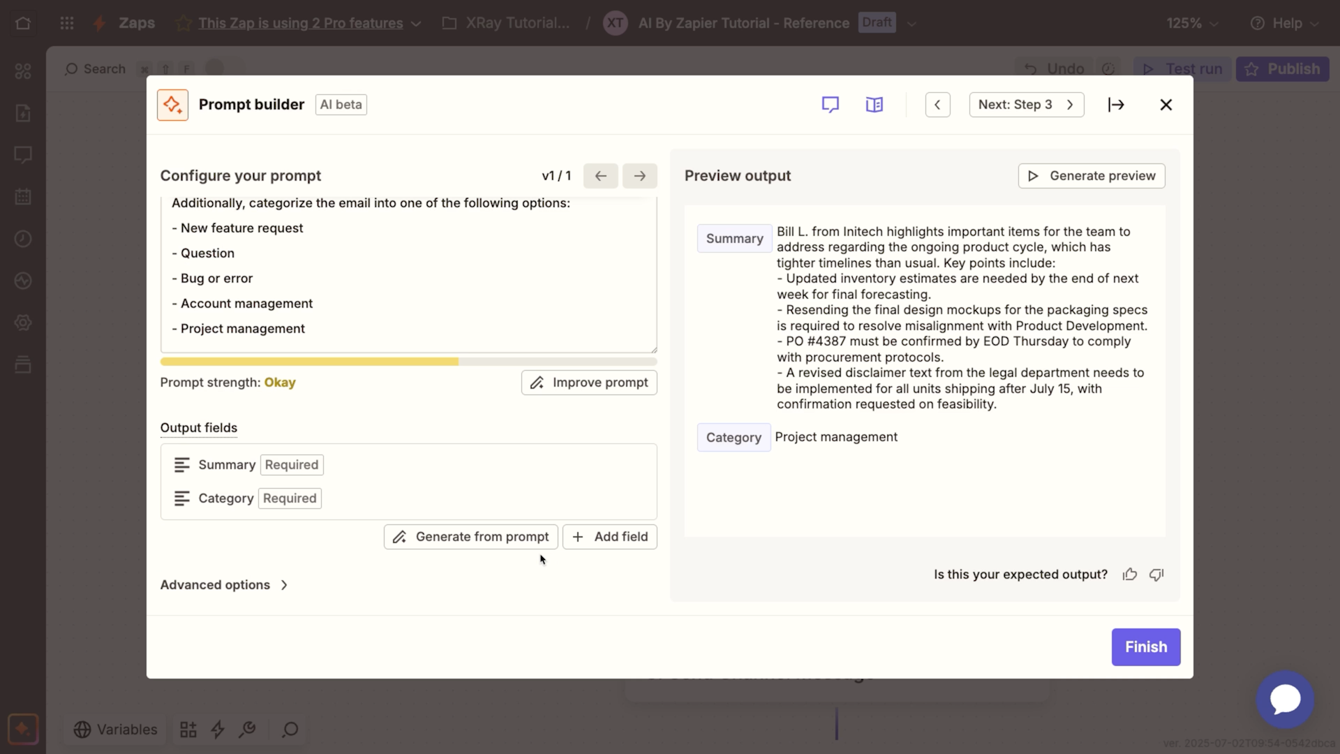 A prompt in Zapier AI with structured output
