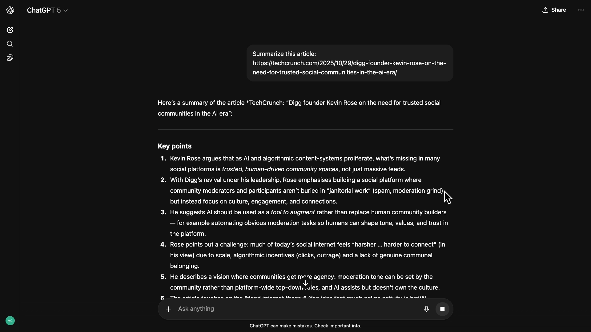 A simple AI prompt about summarizing an article