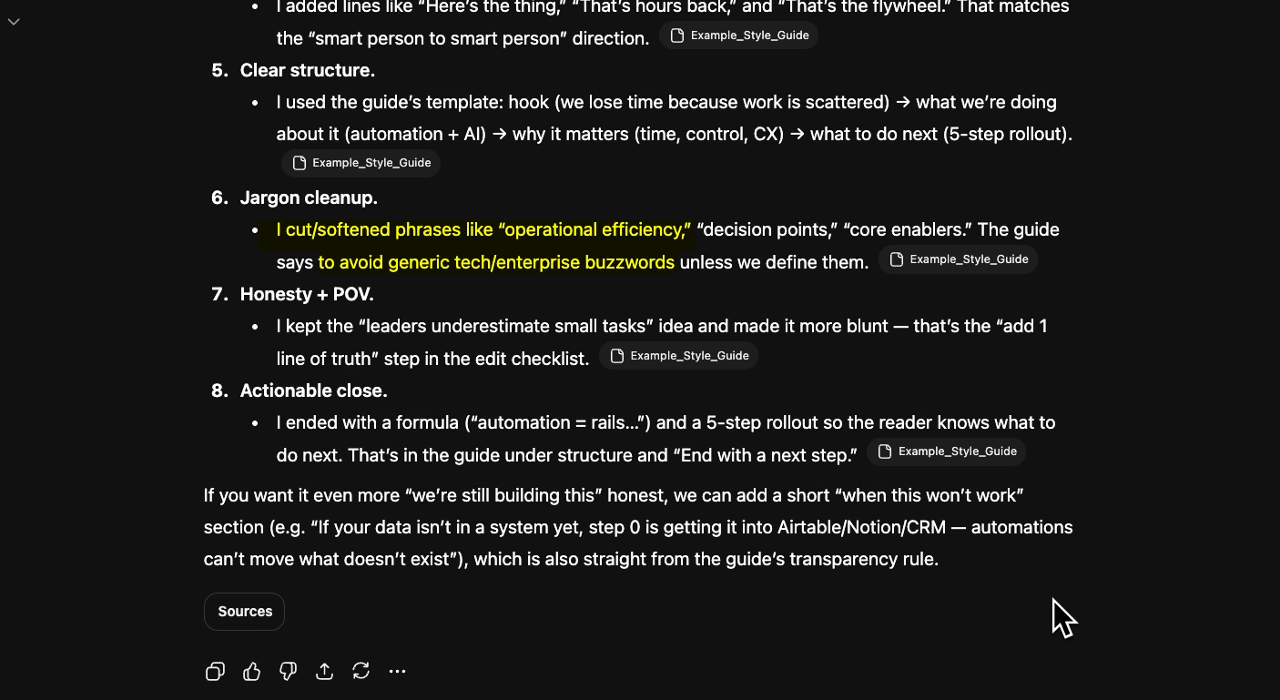 An AI response with specific references to the uploaded files