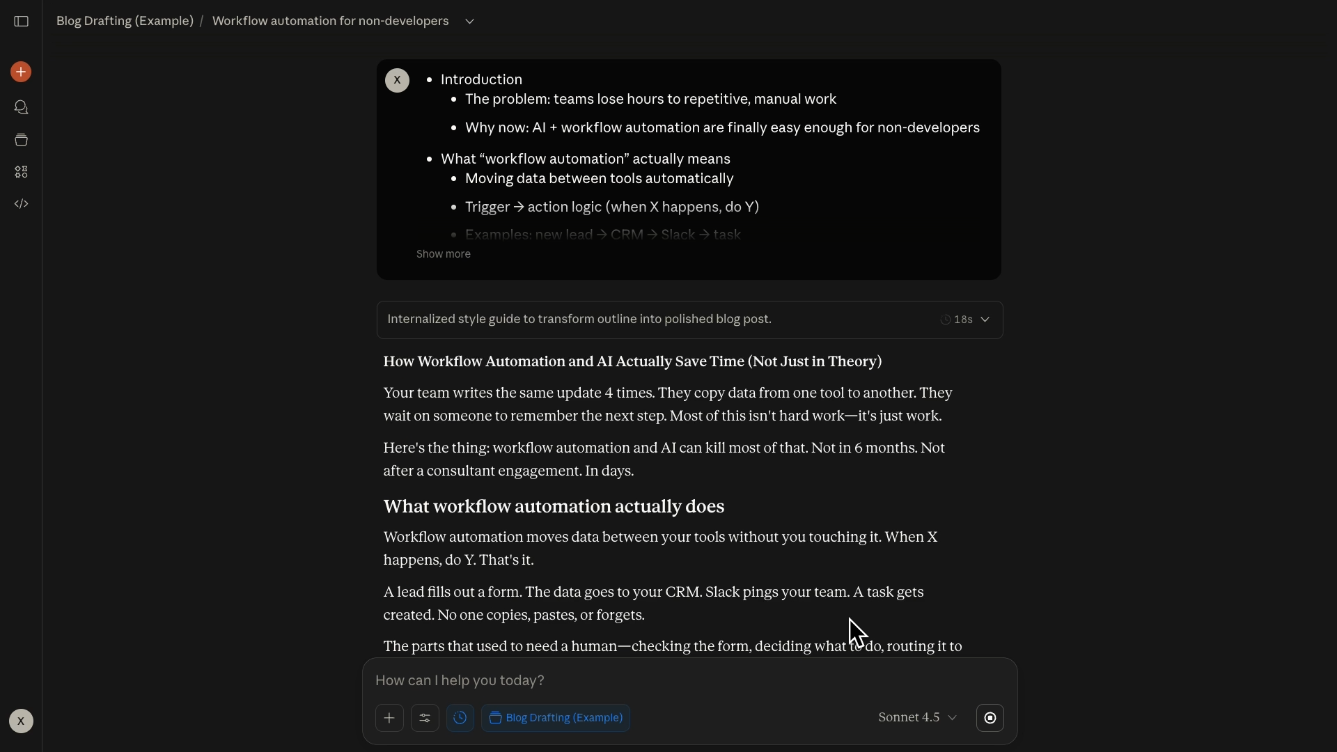 A Claude project automatically references the uploaded style guide for each new prompt