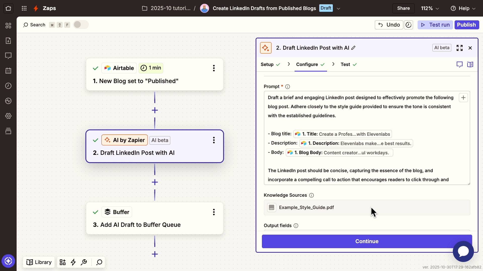 An AI automation in Zapier that drafts LinkedIn posts based on newly published blogs