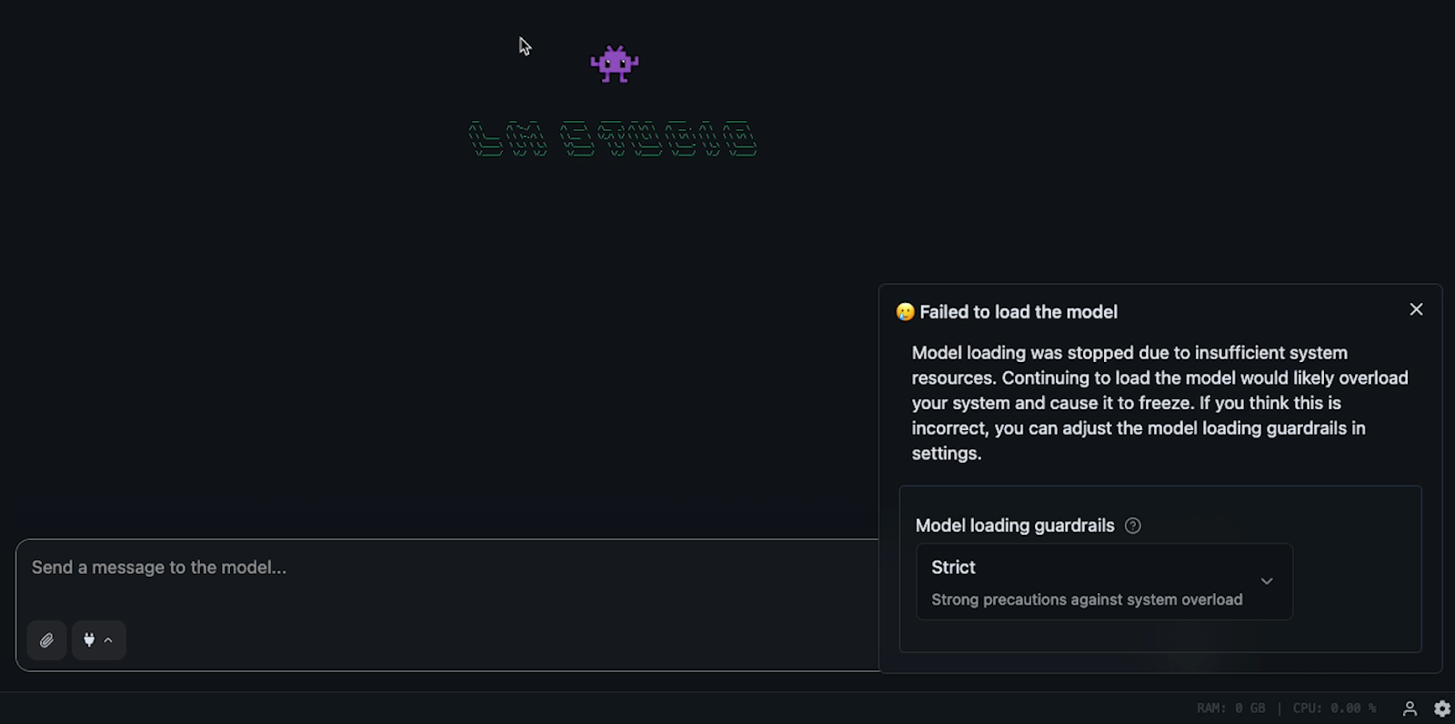 If your computer cannot run a model, LM studio will prevent you from using it and show you a warning message
