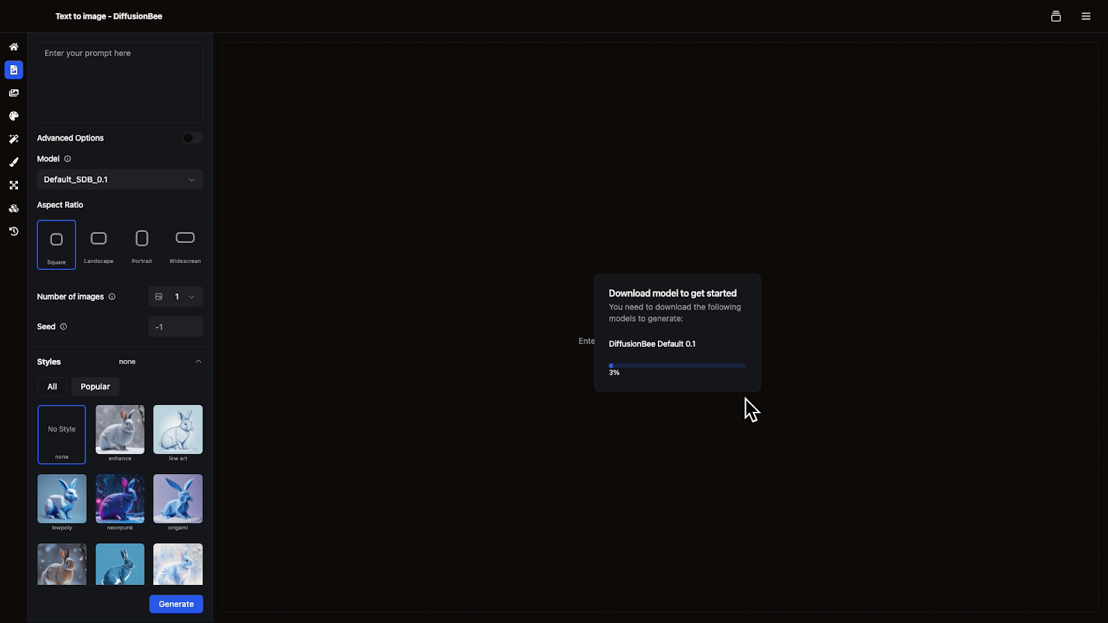 Downloading the default model in DiffusionBee