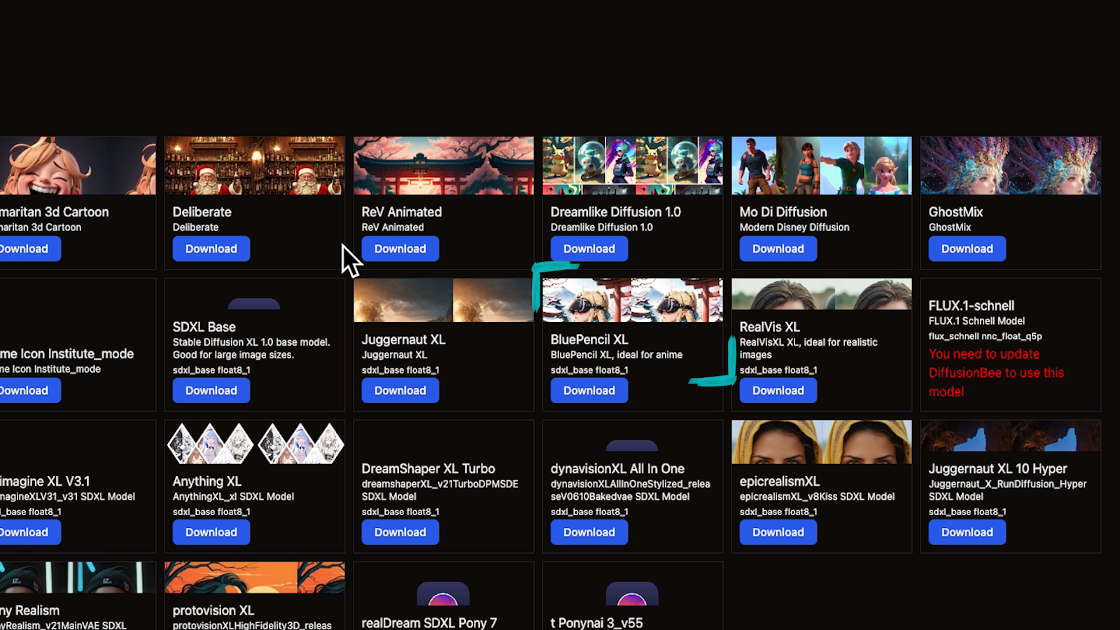 Downloading additional models in DiffusionBee, like BluePencil XL