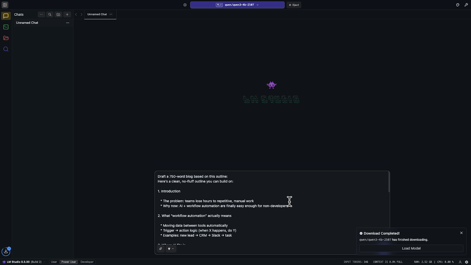 Sending a prompt in LM Studio