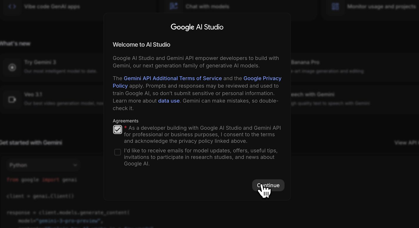 Gemini API terms and conditions modal