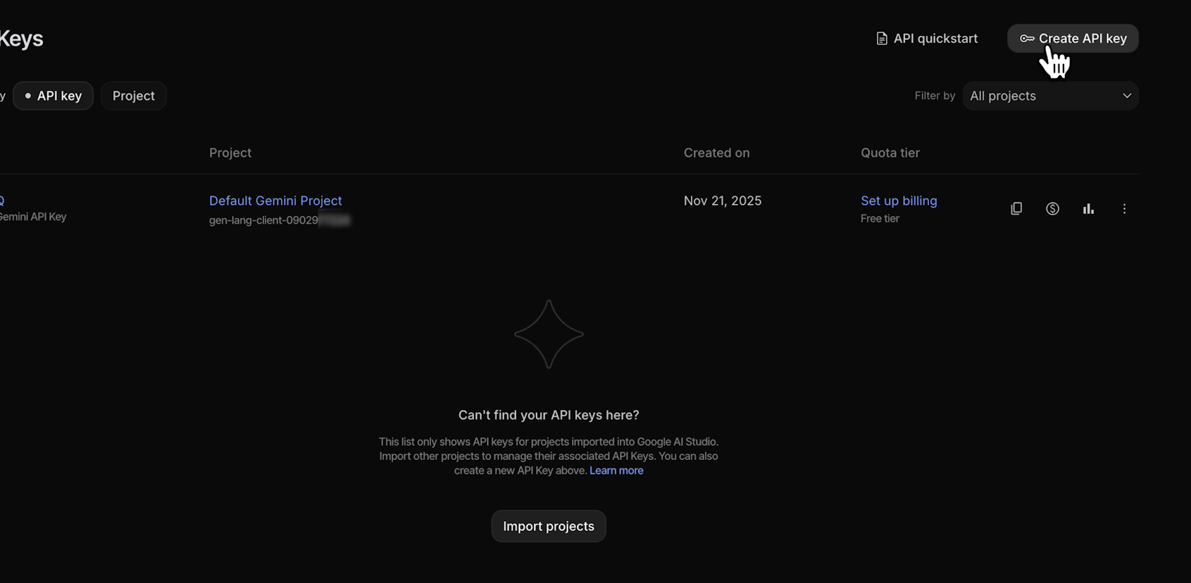 Click "Create API Key" in the top right to create a new key