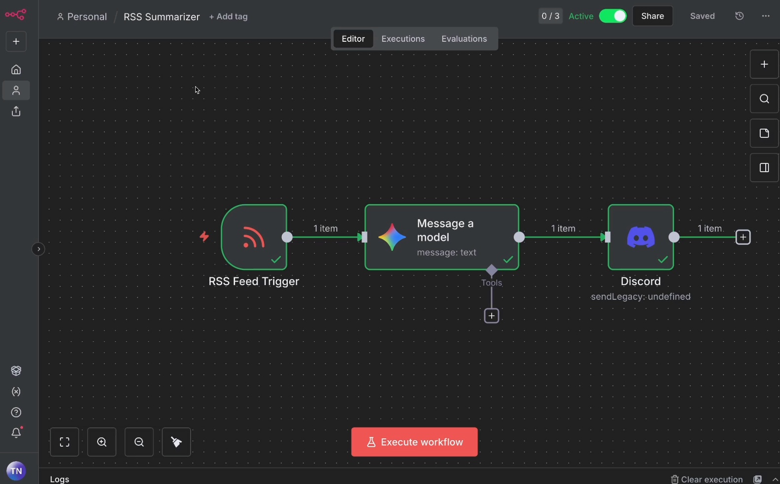 Our example workflow in n8n - Send new RSS feed items to Gemini for a summary, and send the summary to Discord