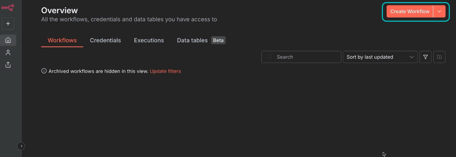 Creating a new workflow in n8n