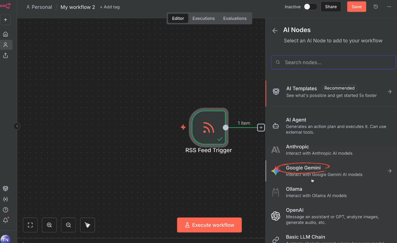 Choosing the app for an n8n action (Gemini)