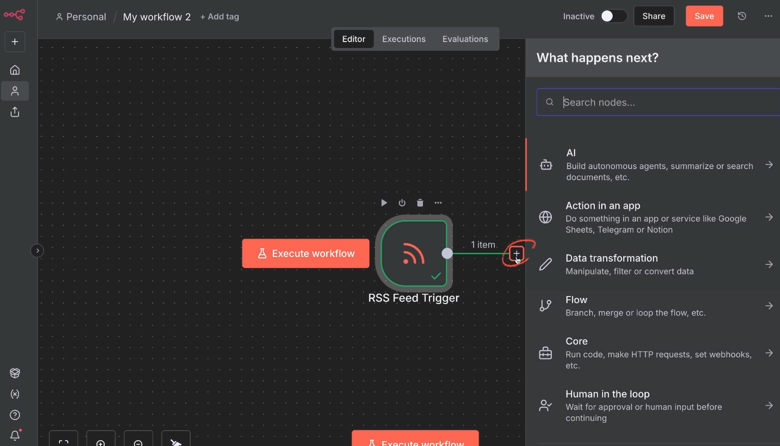 Adding an action to an n8n workflow