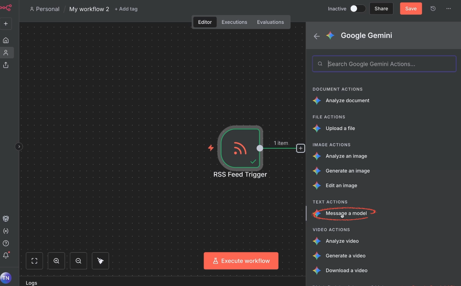 Selecting the automated action (Message a model)